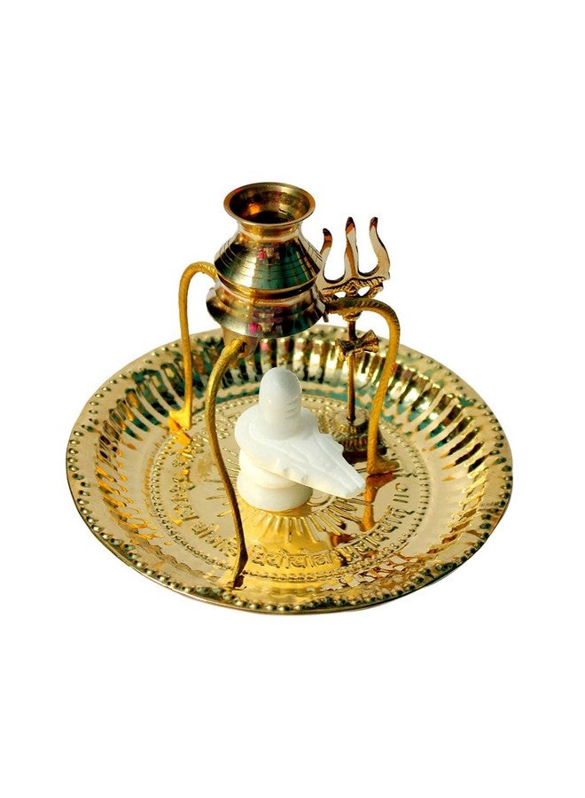 HaridwarDivine شيف ماربل أبيض شيفلينغ مع لوحة نحاسية، جالاش مع قاعدة و ترشول نحاسي للعبادة في المنزل، المعبد، جالابهيشكام - Image 1