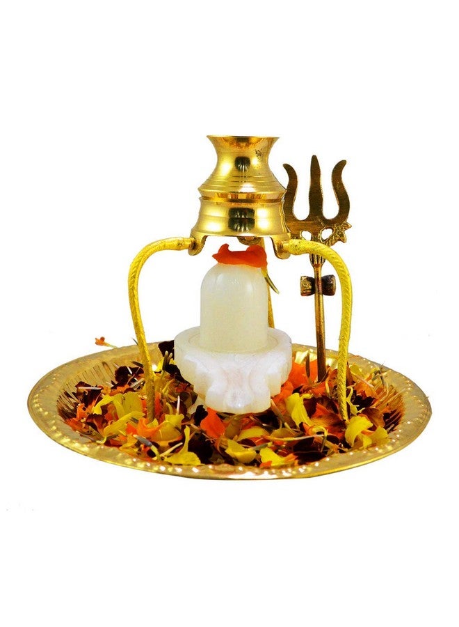 HaridwarDivine شيف ماربل أبيض شيفلينغ مع لوحة نحاسية، جالاش مع قاعدة و ترشول نحاسي للعبادة في المنزل، المعبد، جالابهيشكام - Image 2