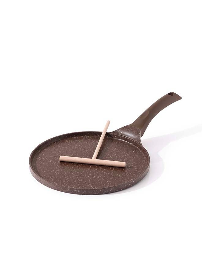 Sensarte مقلاة كريب بقطر 26 سم بطبقة جرانيت سويسري، مع مقبض خشبي، غير لاصقة، خالية من PFOA/PFOS/APEO، مقلاة دُوسا، مقلاة فطائر مسطحة، مع مقبض بارد، متوافقة مع الحث والغاز، آمنة في غسالة الصحون، بني توفي - Image 1