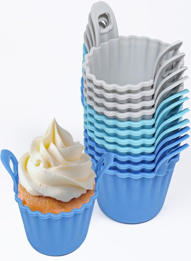 Koluti Nonstick Silicone Muffin Baking Cups Pack of 12, Reusable Cupcake Molds with Double Handle, BPA Free, Mini Round Air Fryer Cupcakes Liner, 3 Colors - Image 1