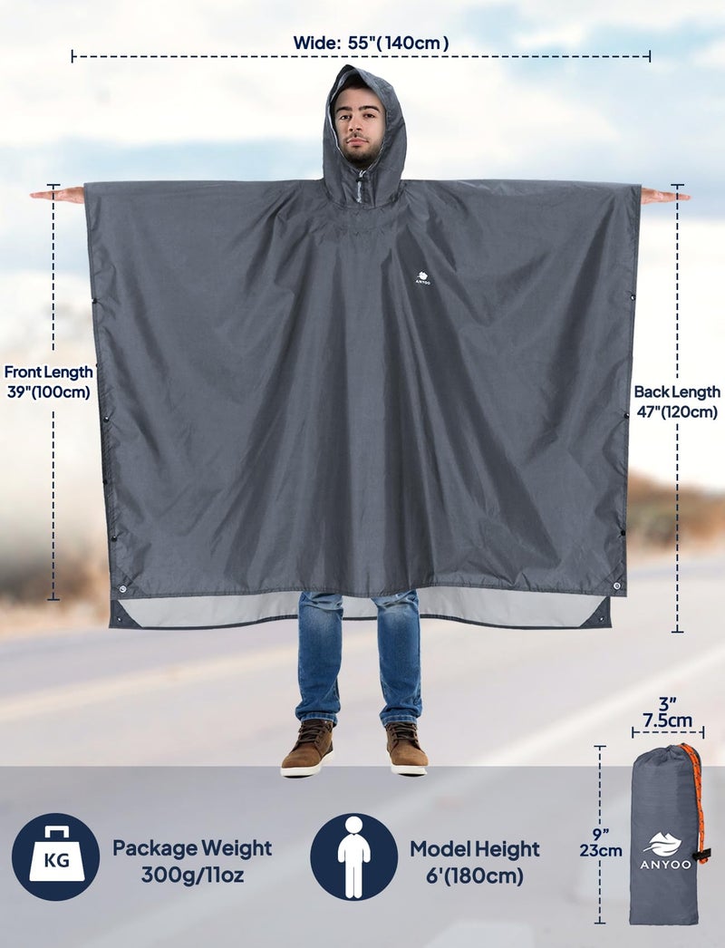 ANYOO Hooded Rain Poncho for Adults Waterproof Lightweight Rain Coats for Men Women Reusable Rain Jacket for Emergency Camping Outdoor Activities (Grey) One Size - Image 2