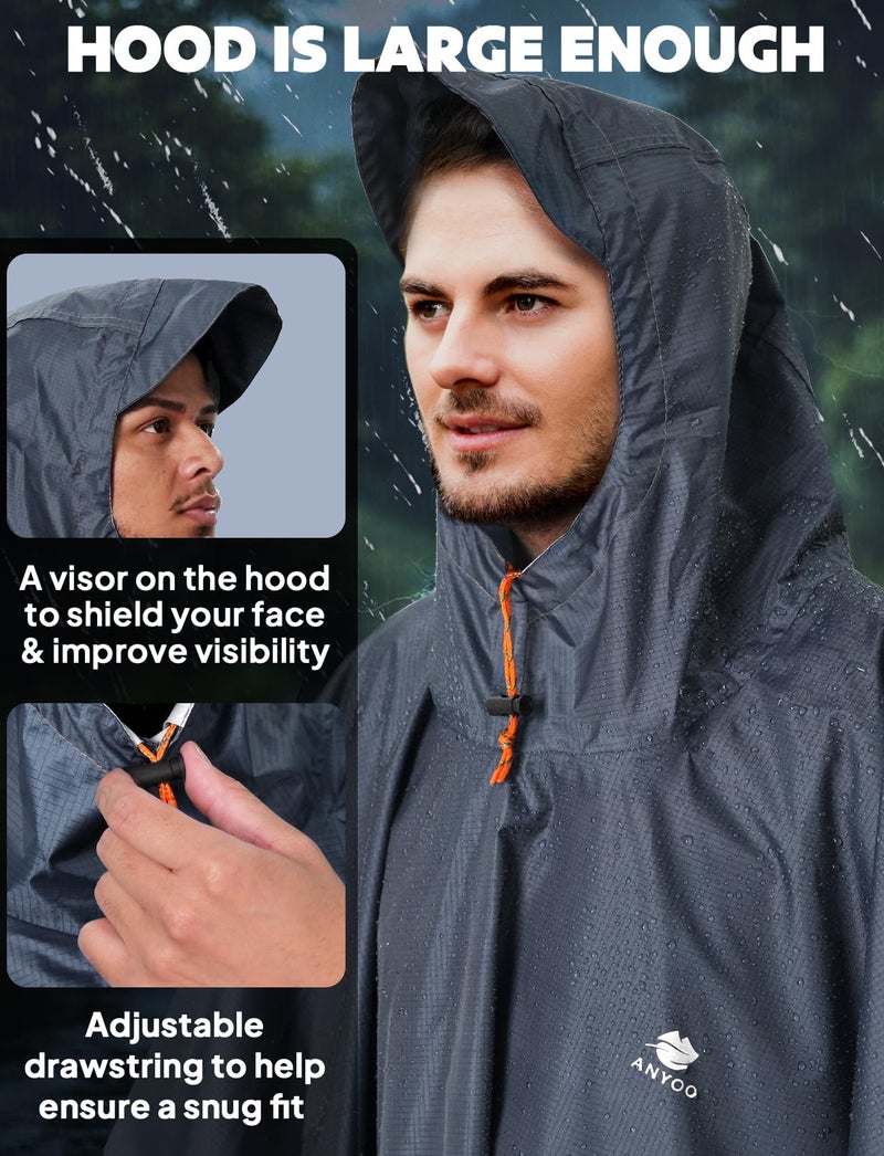 ANYOO Hooded Rain Poncho for Adults Waterproof Lightweight Rain Coats for Men Women Reusable Rain Jacket for Emergency Camping Outdoor Activities (Grey) One Size - Image 4