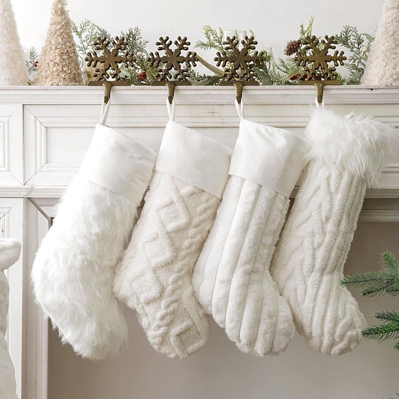 Rustic Personalized Christmas Stockings 4 Pcs 18 Inch Luxury Snow White Ivory White Thick Plush Faux Fur Stocking with 4 Styles Textured Patterns Christmas Home Decor Farmhouse Xmas Decorations