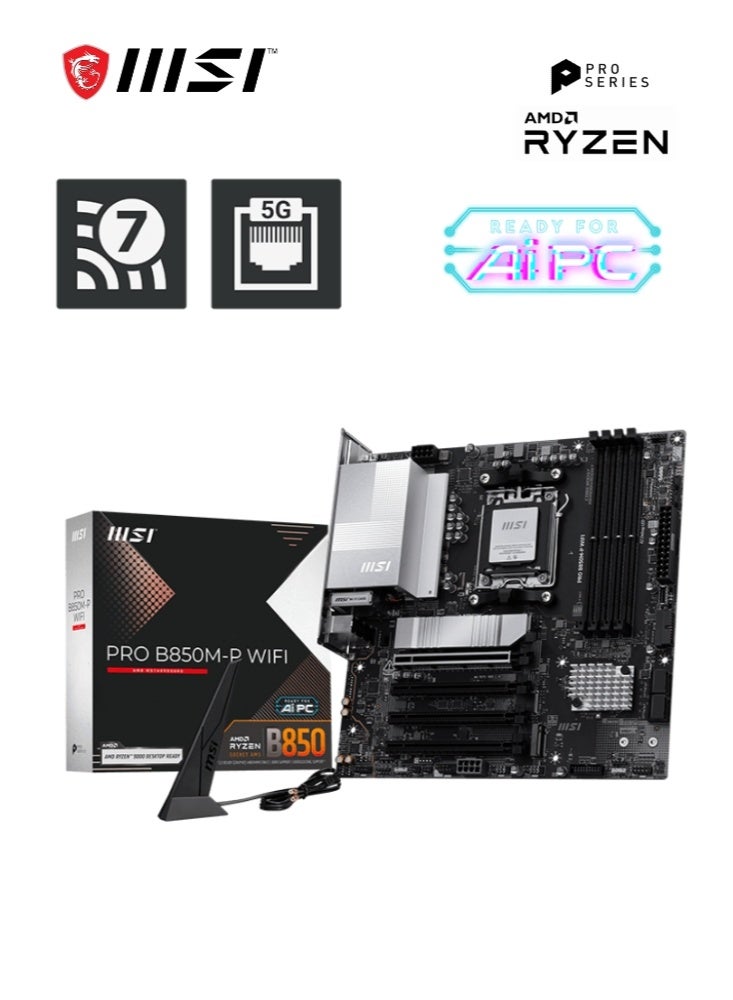MSI PRO B850M-P WIFI | Motherboard, ATX - Supports AMD Ryzen 9000/8000 / 7000 Processors, AM5 - DDR5 Memory Boost, PCIe 5.0 x16 & 4.0 x16, M.2 Gen5 | 911-7E71-001 - Image 1