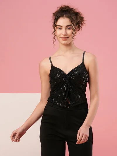 globus Women Sweetheart Neck Shoulder Straps Twisted Detail Sequinned Party Top