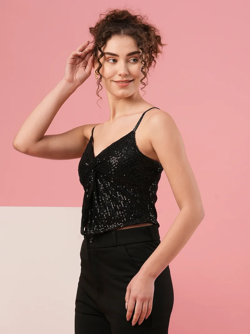 globus Women Sweetheart Neck Shoulder Straps Twisted Detail Sequinned Party Top