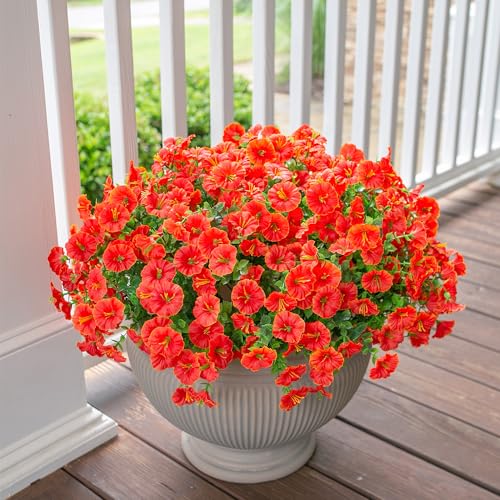 HyeFlora Artificial Flowers for Outdoors Fake Plants Spring Summer Decor 12 Bundles Orange Silk Morning Glory with Eucalyptus Look Real UV Resistant Faux Flowers for Outside Planters Front Door Yard Indoor - Image 3