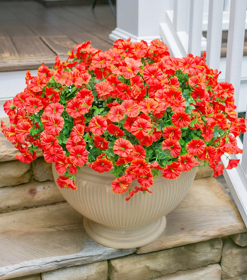HyeFlora Artificial Flowers for Outdoors Fake Plants Spring Summer Decor 12 Bundles Orange Silk Morning Glory with Eucalyptus Look Real UV Resistant Faux Flowers for Outside Planters Front Door Yard Indoor - Image 2