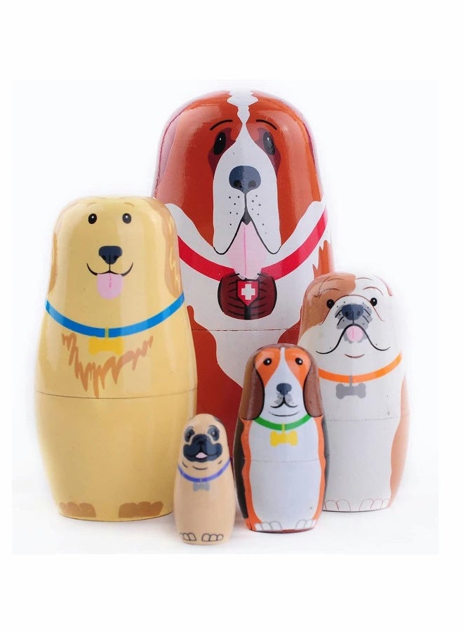 Russian Nesting Dolls, 5pcs Dog Set, Traditional Handmade Wooden Stacking Toy for Kids, Perfect for Birthday Parties, Home Decor, and New Year Gifts  - Image 1