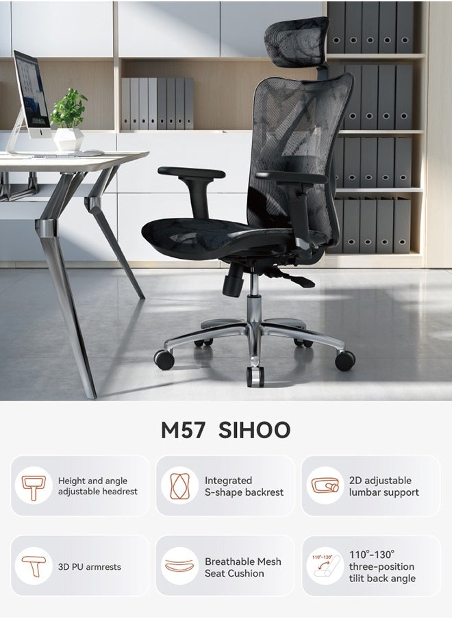 SIHOO - Sihoo M57 Ergonomic Office Chair with 3 Way Armrests, Lumbar Support, Adjustable Headrest, High Back Tilt Function, Black - Image 1