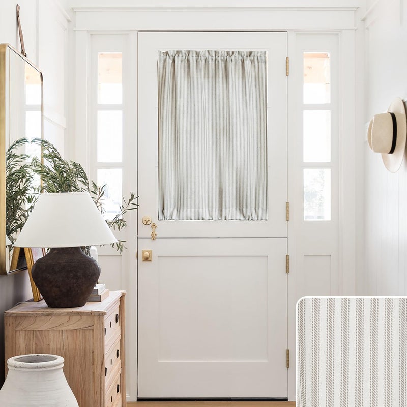 Lino Rosa Door Curtains for Front Door Glass Window,Striped Sheer Linen 40 Inch Short Curtains for Small Windows,Farmhouse Ticking Stripe Print Privacy Curtains 25x40 in Length,Taupe - Image 1