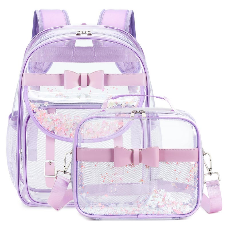 KIDNUO Clear Backpack for Girls and Boys 2PCS Heavy Duty Bookbag Stadium Approved Daypack Transparent School Bag See Through Backpacks for Kids ElementaryStudentsCollegeTeensConcertSports Purple set - Image 2