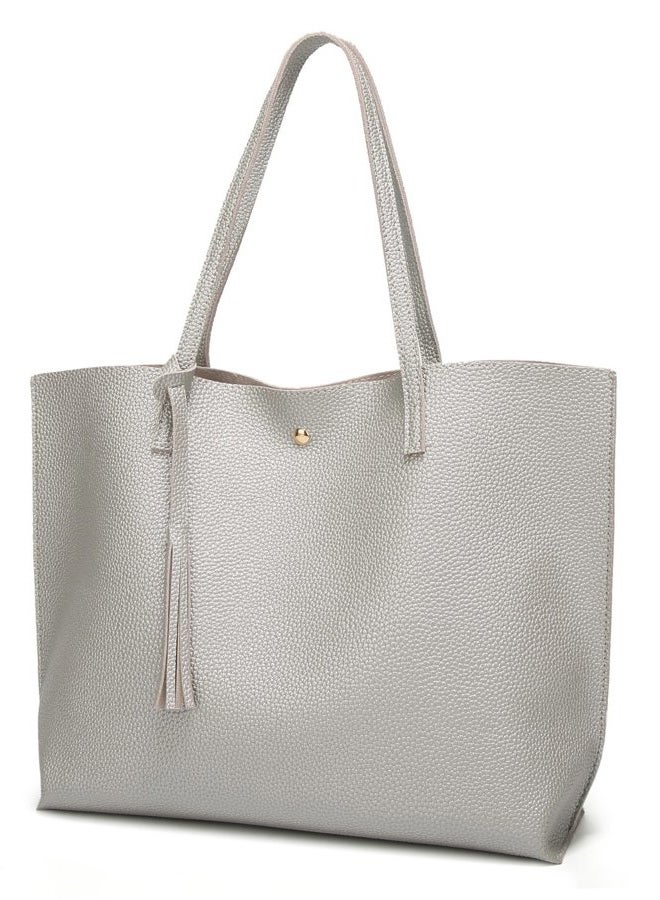 Dreubea Women's Soft Faux Leather Tote Shoulder Bag from, Big Capacity Tassel Handbag, Silver, Large - Image 1