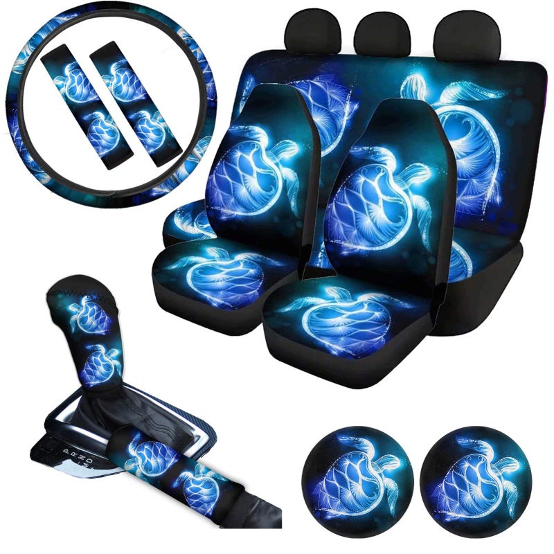 AFPANQZ 11Pack Sea Turtles Car Accessories Set Car Seat Covers Full Set with Steering Wheel CoverCar CoasterHandbrake Gear Shift Knob CoversSeat Belt Shoulder Pads Auto Decoration Women Men