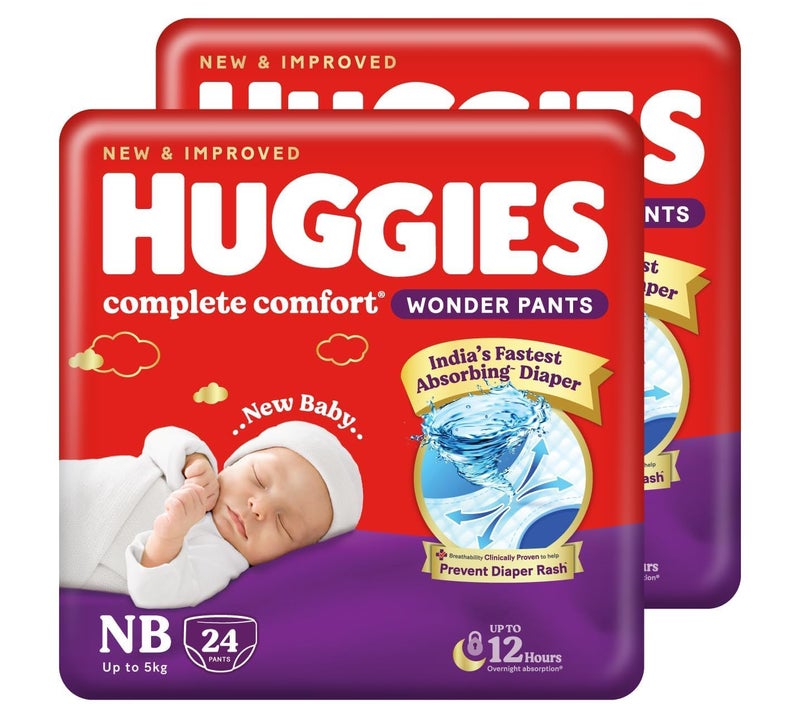 Huggies Complete Comfort Wonder Pants | Pant Style Baby Diapers Newborn Size (NB/XS), 48 Count | India's Fastest Absorbing Diaper, Prevents Diaper Rash, Ideal for 0-5 Kgs (24 Count, Pack of 2) - Image 1