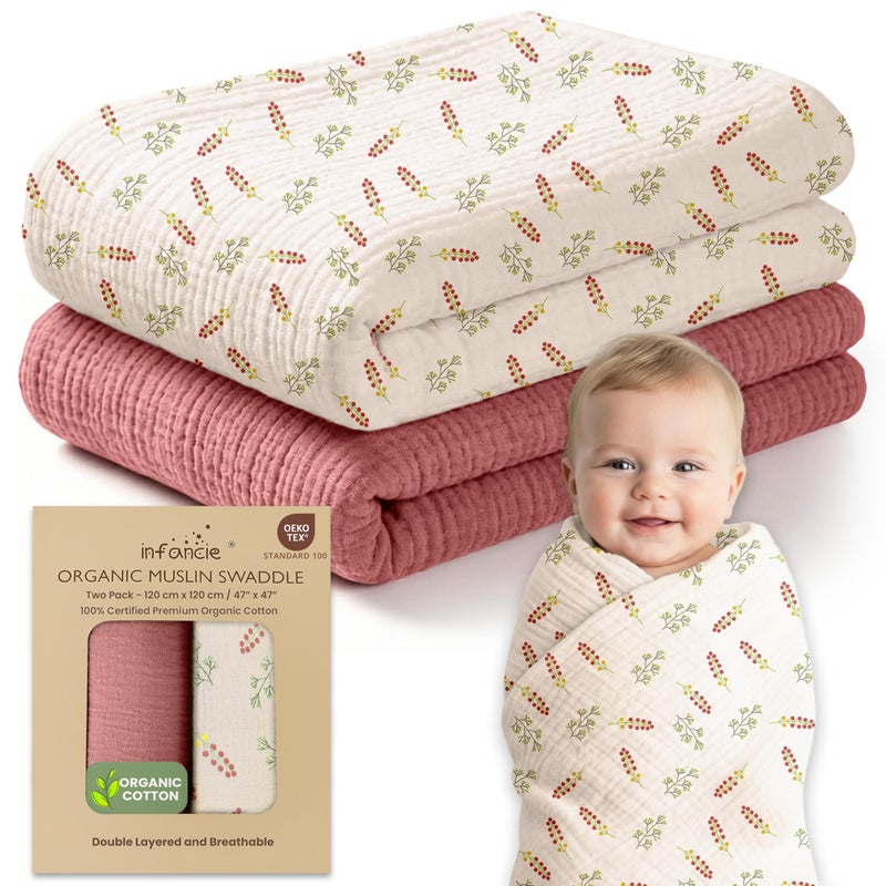 infancie Organic Cotton Muslin Baby Blanket 47x47 Inch Breathable Swaddle Hypoallergenic DoubleLayer Versatile Use Pink Floral 47x47 Inch
