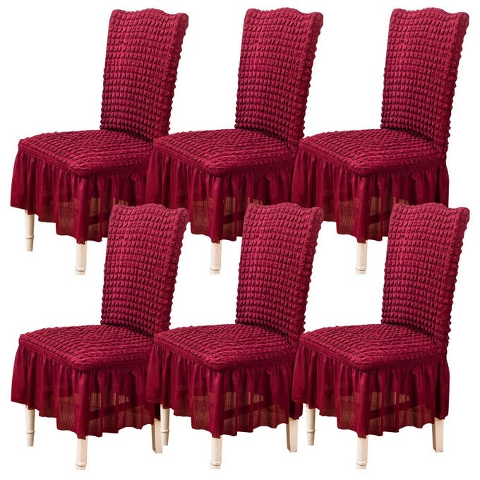 CHAIR COVERS FOR DINING ROOM SET OF 6 STRETCH CHAIR SLIPCOVERS WITH SKIRT REMOVABLE WASHABLE KITCHEN CHAIR PROTECTOR COVER SET FOR HOME PARTY WEDDINGBURGANDY 6PCS