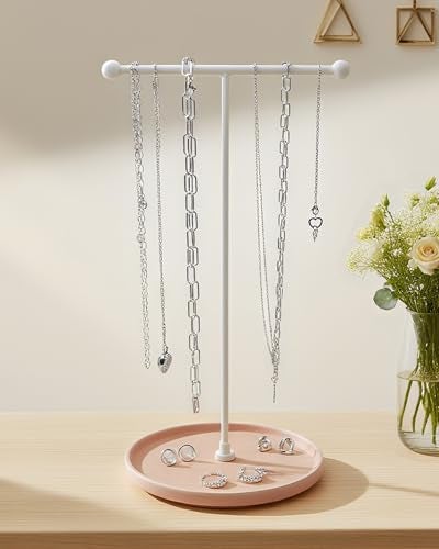 VROOMIUM Necklace Holder Stand - 6in Ceramic Base X 1ft Height, Aesthetic Decor for Bedroom, Jewelry Organizer for Necklace, Bracelets, Rings, Exhibidor de Collares- Romantic Pink - Image 1