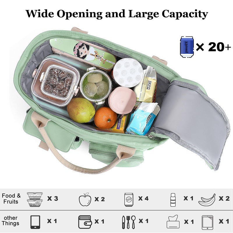 Hafmall Large Insulated Lunch Bag for Women, Leakproof Lunch Box for Men, Wide Opening Lunch Tote Bag with Shoulder Strap, Reusable Adult Lunch Bag For Work, Picnic, Green - Image 2