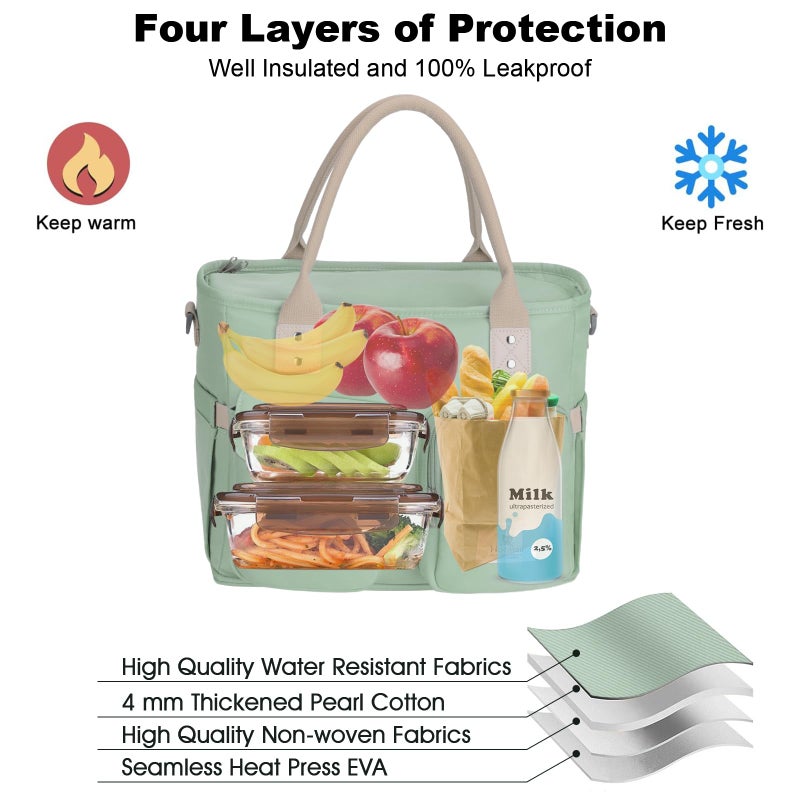 Hafmall Large Insulated Lunch Bag for Women, Leakproof Lunch Box for Men, Wide Opening Lunch Tote Bag with Shoulder Strap, Reusable Adult Lunch Bag For Work, Picnic, Green - Image 4