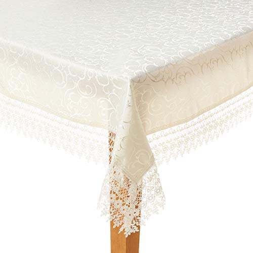 Violet Linen Imperial Embroidered Vintage Lace Design 70" X 140" Oblong/Rectangle Tablecloth in White - Image 1