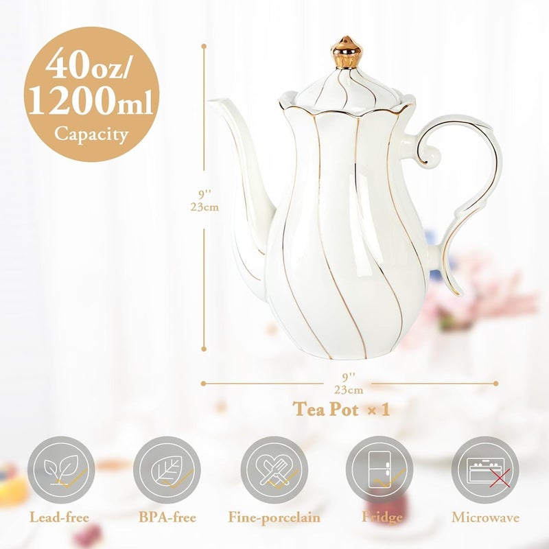 Dujust British Style Porcelain Teapot (40Oz)  Luxury Ceramic Teapot With Golden Trim  Food Grade Tea Pot With Built-In Filter  For Tea Party & Home D?Cor - White - Image 5