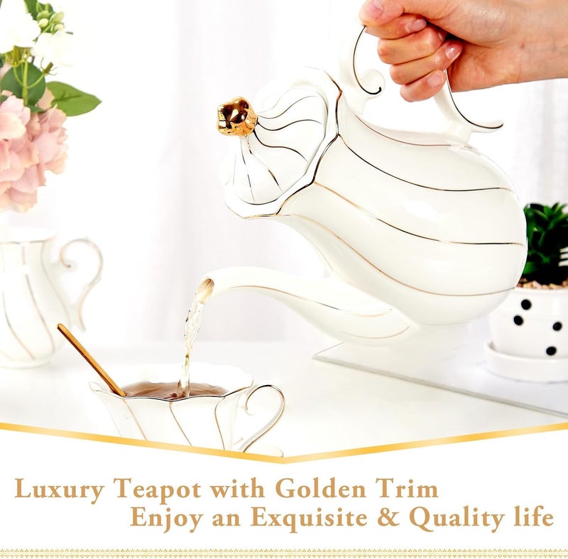 Dujust British Style Porcelain Teapot (40Oz)  Luxury Ceramic Teapot With Golden Trim  Food Grade Tea Pot With Built-In Filter  For Tea Party & Home D?Cor - White - Image 2