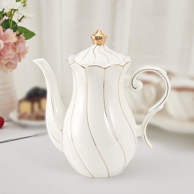 Dujust British Style Porcelain Teapot (40Oz)  Luxury Ceramic Teapot With Golden Trim  Food Grade Tea Pot With Built-In Filter  For Tea Party & Home D?Cor - White - Image 1