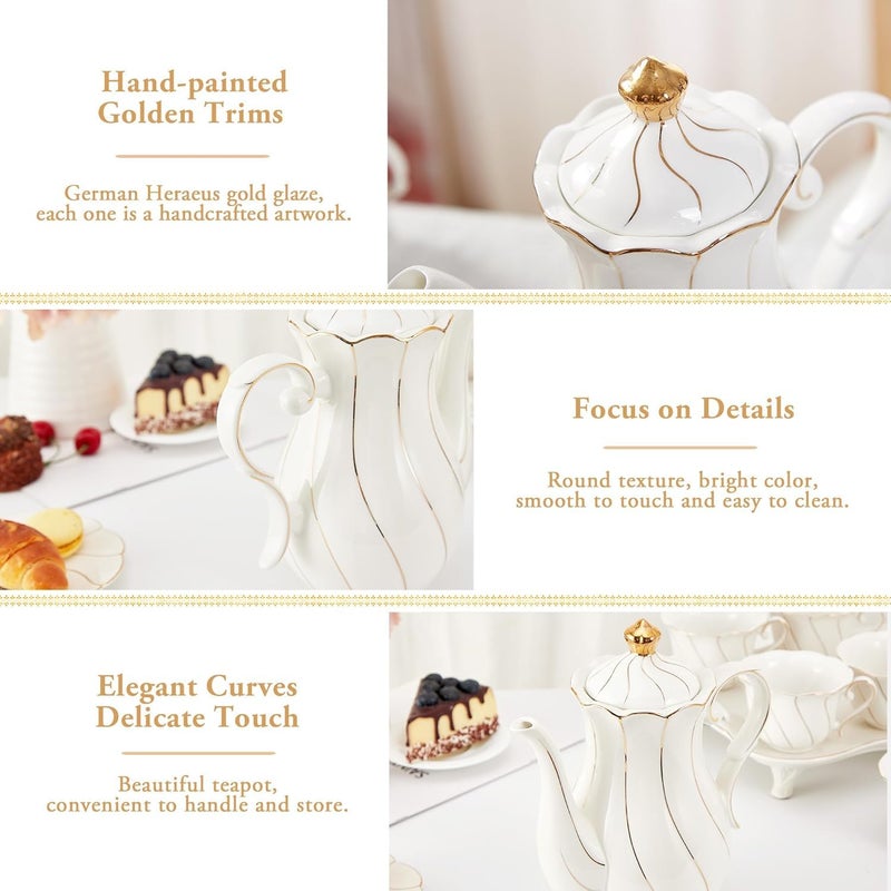 Dujust British Style Porcelain Teapot (40Oz)  Luxury Ceramic Teapot With Golden Trim  Food Grade Tea Pot With Built-In Filter  For Tea Party & Home D?Cor - White - Image 3