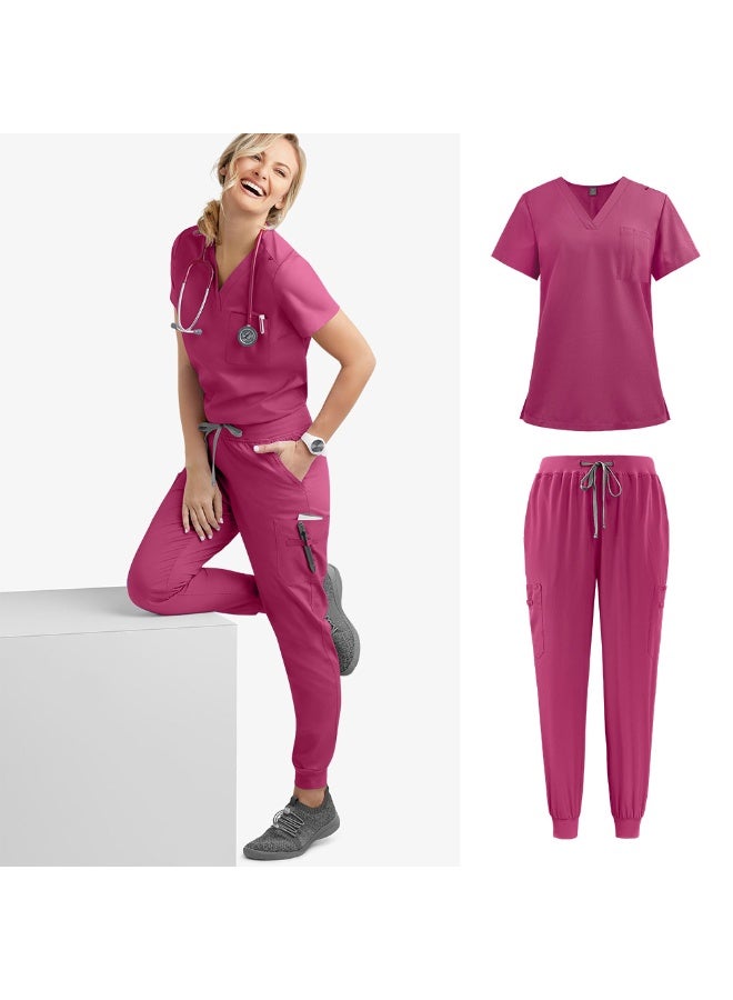 NIBEMINENT Multicolour Jogger Suits Doctor Nursing Uniforms Short Sleeve V-neck Tops Pocket Pants Nurse Scrubs Set Medical Clinical Clothes - Image 1