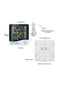 KONVIO KONVIO HTC02 Room Temperature with Humidity Meter and Plastic Digital Clock with Alarmand Sensor Cable Wall Mount or Table Top  - Image 2