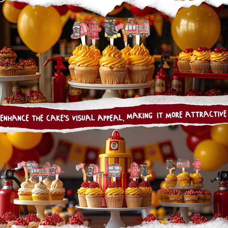 HaPiBiDesign 36 Pcs Firetruck Cupcake Toppers - Fireman Party Decorations - Perfect for Firetruck Birthday  Fireman Baby Shower and Fire Truck Cake Decor - Image 5