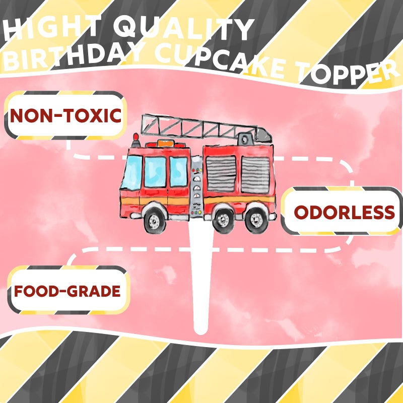 HaPiBiDesign 36 Pcs Firetruck Cupcake Toppers - Fireman Party Decorations - Perfect for Firetruck Birthday  Fireman Baby Shower and Fire Truck Cake Decor - Image 4