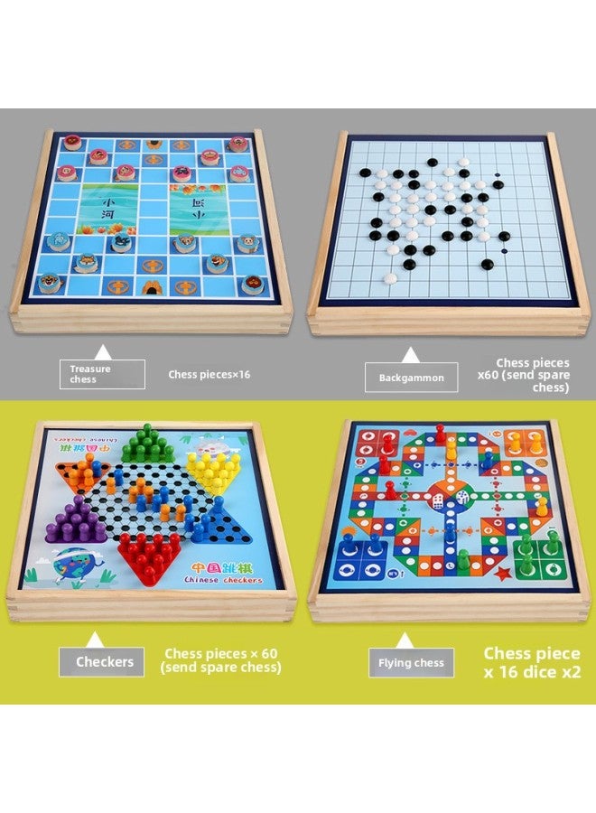Flying Chess Gobang Checkers Colosseum Chess Multifunctional Chessboard Children's Interactive Board Game Wooden Educational Toys Wholesale-Color:Package 12 [Large Wooden] 4-in -1 Jump + Fly +5 + Bucket  - Image 1