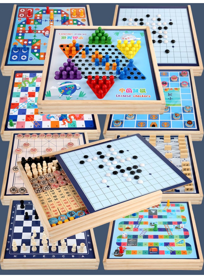Flying Chess Gobang Checkers Colosseum Chess Multifunctional Chessboard Children's Interactive Board Game Wooden Educational Toys Wholesale-Color:Package 12 [Large Wooden] 4-in -1 Jump + Fly +5 + Bucket  - Image 4