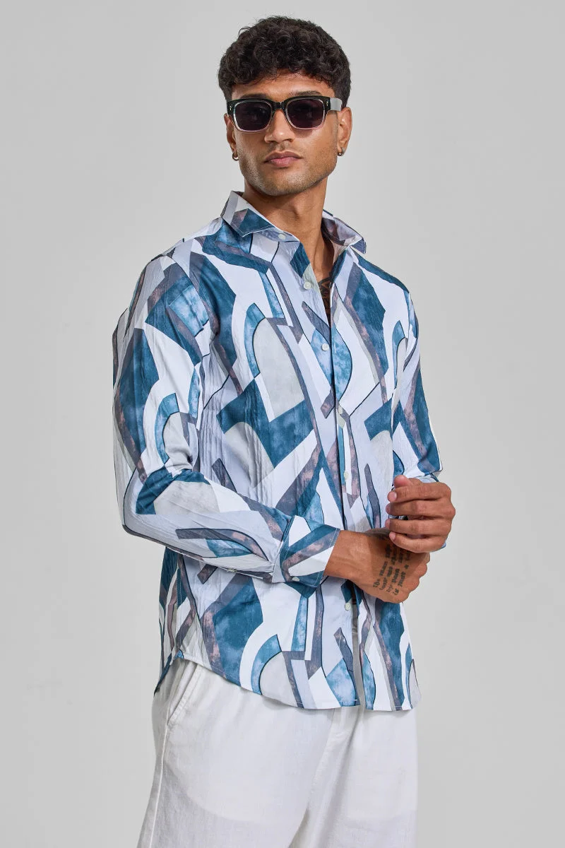 سنيتش Teal Abstract Long Sleeve Slim Fit Casual Shirt