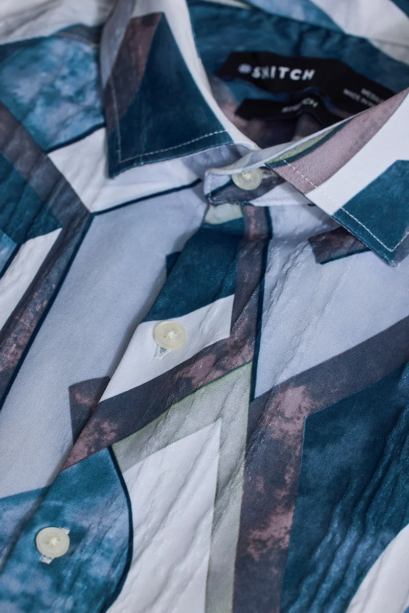 سنيتش Teal Abstract Long Sleeve Slim Fit Casual Shirt
