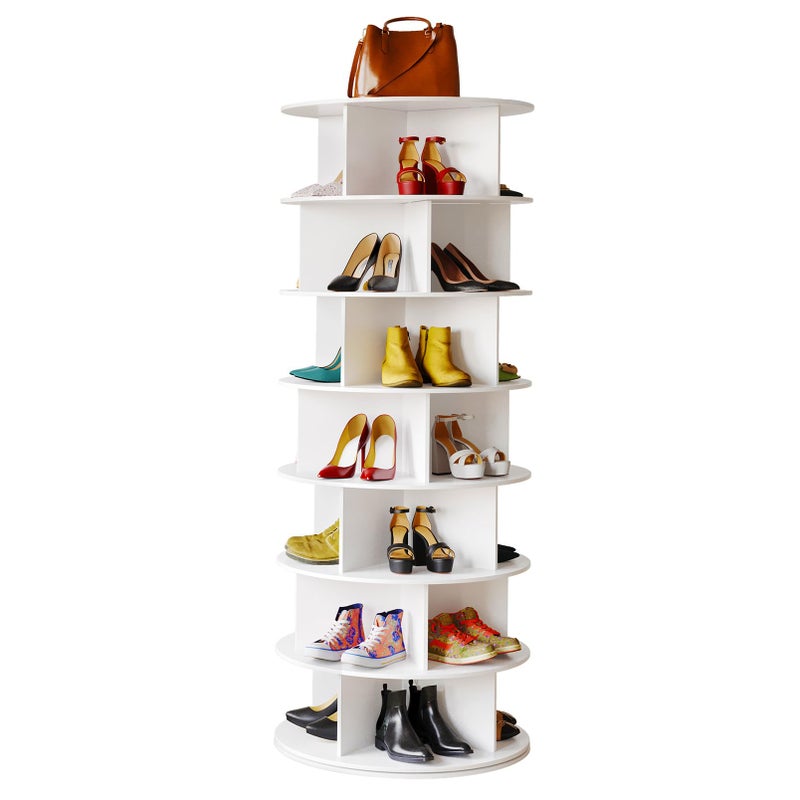 SpaceAid Cross Style 7Tier Rotating Shoe Organizer Spinning Shoe Rack Tower 360 Display Lazy Susan Storage Handbag Rotate Tower Closet Organization Modern Style White
