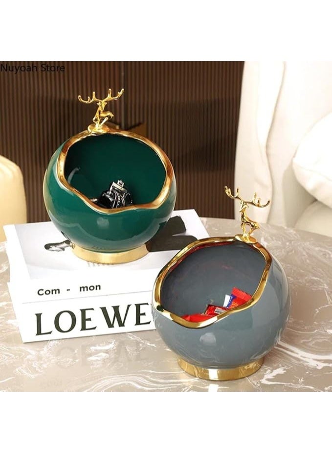 Store Porcelain Decorative Bowl with Gold Trim and Deer Accent, Elegant Storage Container for Sweets and Jewellery, Green and Grey - Image 1