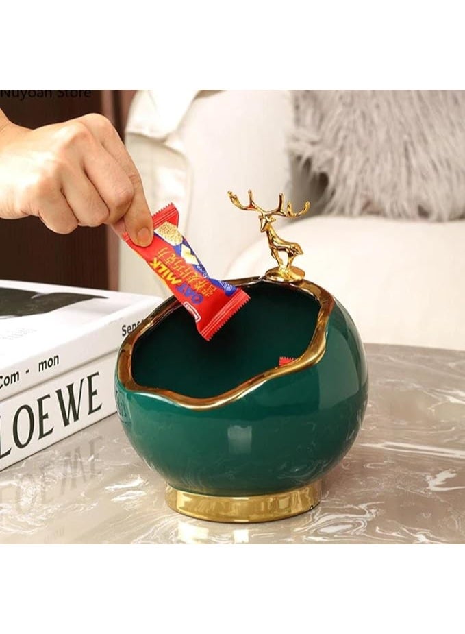 Store Porcelain Decorative Bowl with Gold Trim and Deer Accent, Elegant Storage Container for Sweets and Jewellery, Green and Grey - Image 5