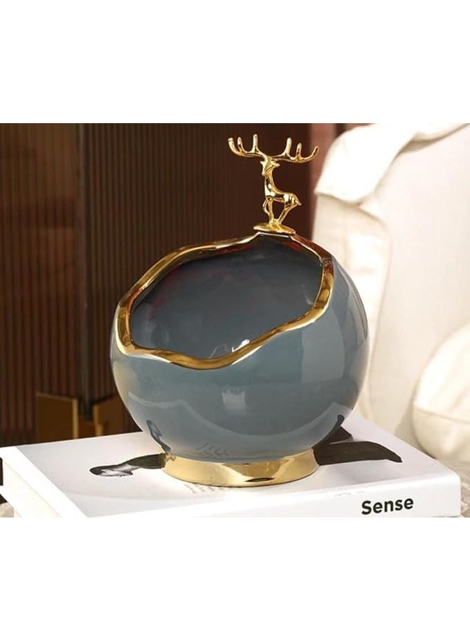 Store Porcelain Decorative Bowl with Gold Trim and Deer Accent, Elegant Storage Container for Sweets and Jewellery, Green and Grey - Image 4