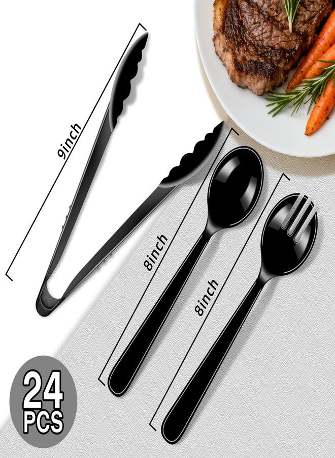 LOOWVY 24 Pcs Black Plastic Serving Utensils Set - Heavy Duty Disposable Serving Spoons, Forks & Tongs (8 of Each) - BPA-Free Catering Supplies for Buffets, Parties, Weddings & Events (9 Inch) - Image 2