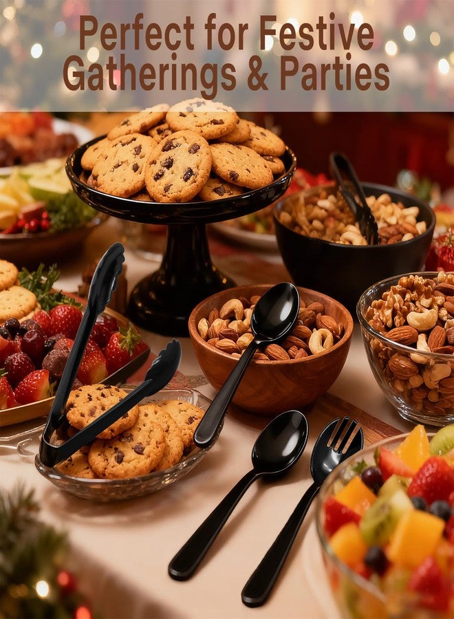LOOWVY 24 Pcs Black Plastic Serving Utensils Set - Heavy Duty Disposable Serving Spoons, Forks & Tongs (8 of Each) - BPA-Free Catering Supplies for Buffets, Parties, Weddings & Events (9 Inch) - Image 3