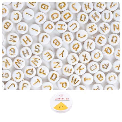 Ambitieux 350+ Alphabet Letter Golden for Bracelet Jewellery Making with 10m Elastic Thread (0.8mm) |, Cube and Heart Shape (Round White Golden) - Image 1