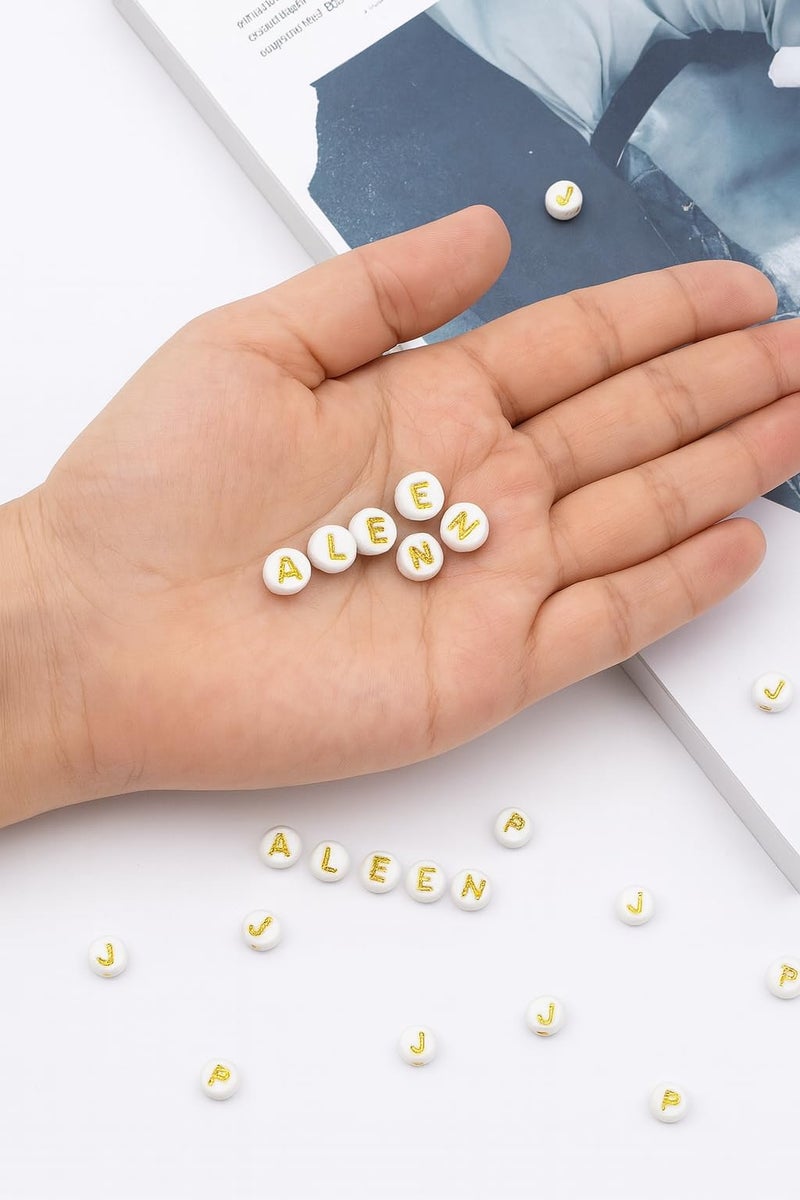 Ambitieux 350+ Alphabet Letter Golden for Bracelet Jewellery Making with 10m Elastic Thread (0.8mm) |, Cube and Heart Shape (Round White Golden) - Image 4