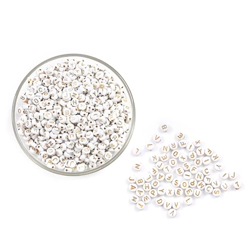 Ambitieux 350+ Alphabet Letter Golden for Bracelet Jewellery Making with 10m Elastic Thread (0.8mm) |, Cube and Heart Shape (Round White Golden) - Image 2