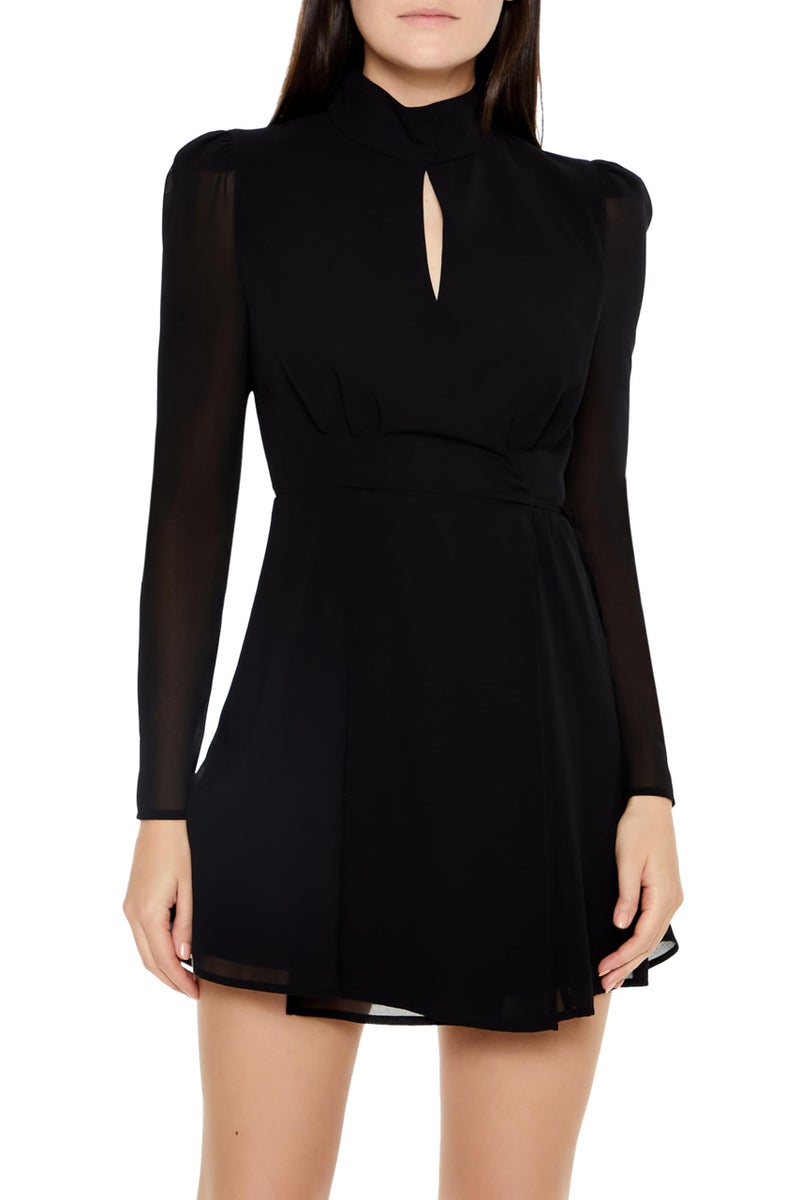 Forever 21 Women's Chiffon Keyhole Tie-Waist Mini Dress Black Medium - Image 2
