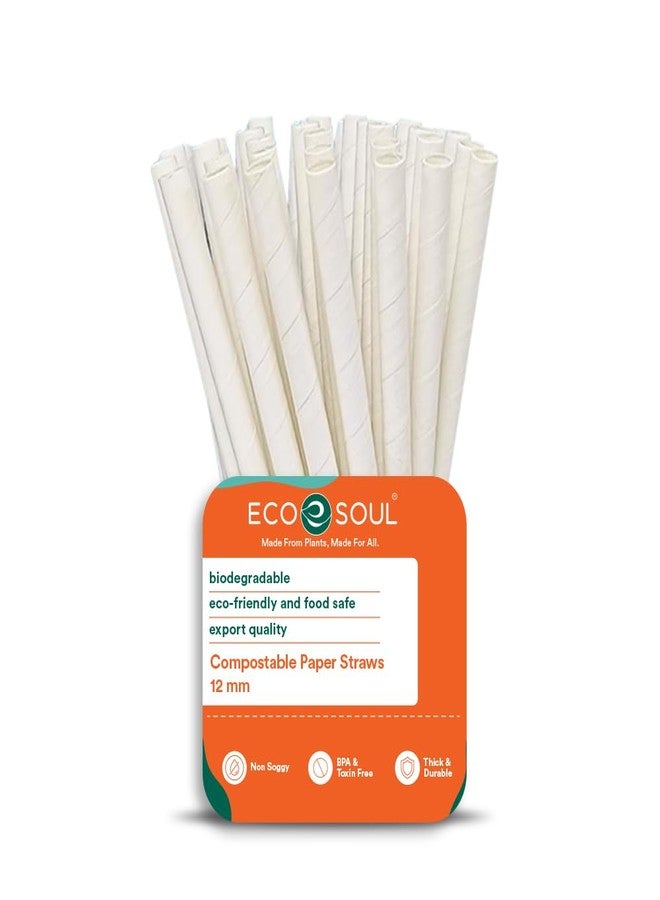 ECO SOUL [12 mm, 100 Count] Biodegradable Paper Straws | Eco-Friendly Compostable Sustainable Disposable Drinking Straws | Cocktail Cold Drink Juice Non-Bendable White Straws (Extra Wide) - Image 1