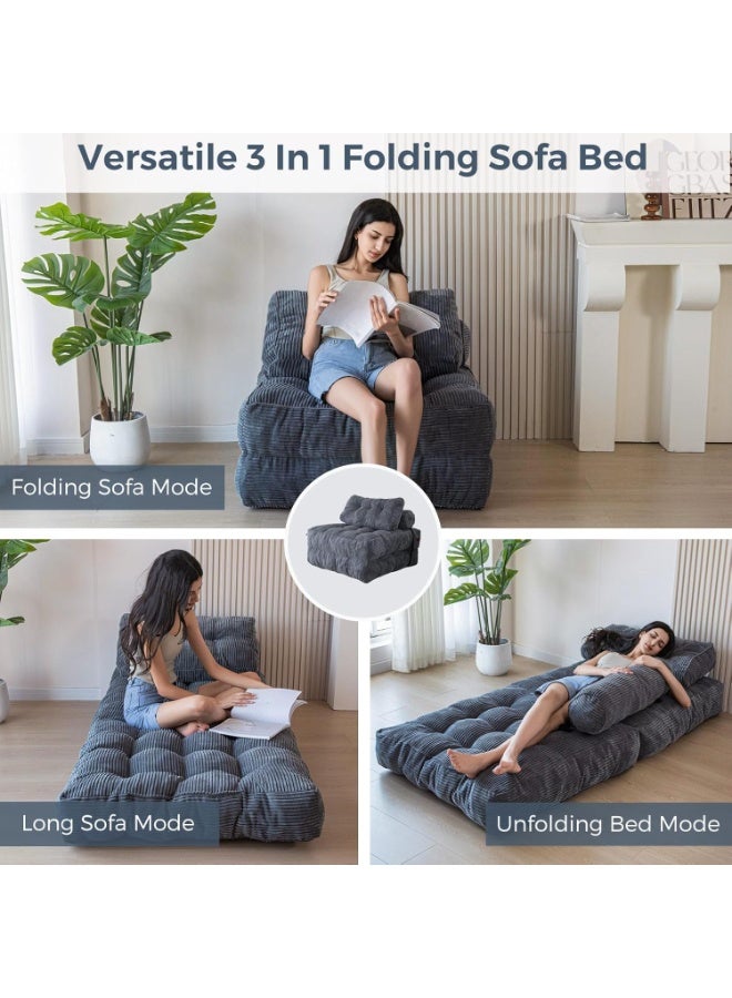 تشولوفز أريكة سرير قابلة للطي - كرسي نوم قابل للتحويل مع وسادة، مرتبة قابلة للطي ودعامة للظهر، أريكة أرضية محمولة قابلة للطي لغرفة المعيشة وغرفة النوم، رمادي داكن، مقاس فردي - Image 3