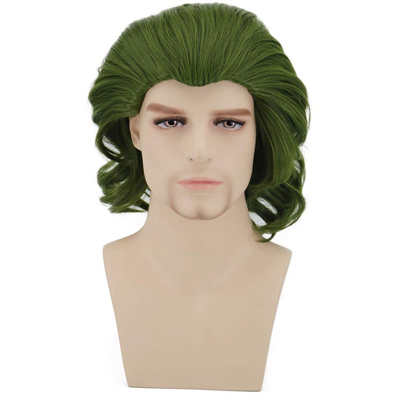 BERON Mens Short Curly Wavy Wig with Synthetic Party Halloween Wigs Wig Cap Included Dark Green